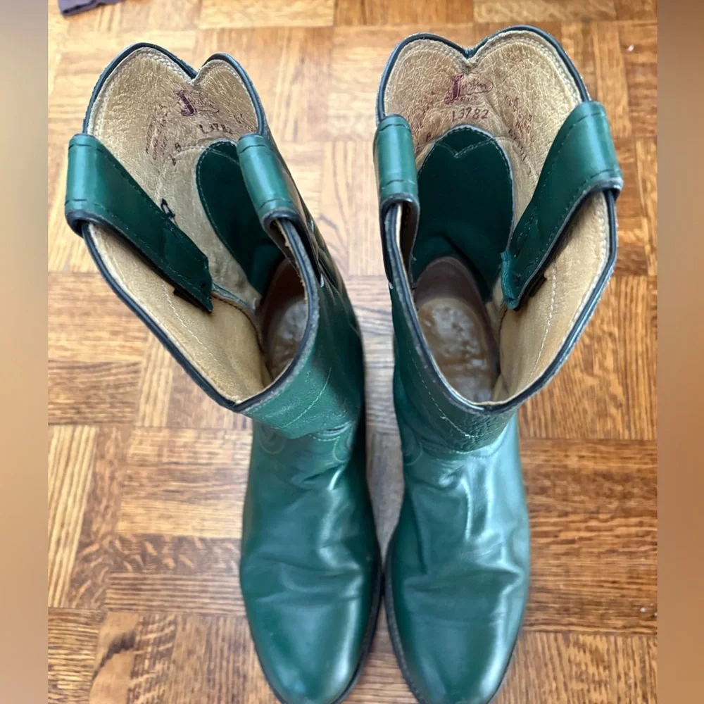 Justin Vintage Cowboy Original Green Roper Western Leather Boots - Made in USA - Picture 12 of 16